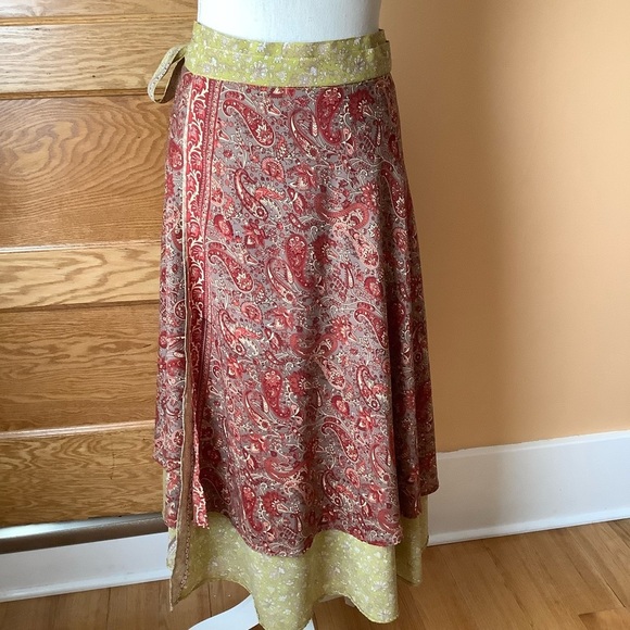 VINTAGE Lime/Maroon Paisley Wrap Midi Skirt OS - Picture 4 of 11